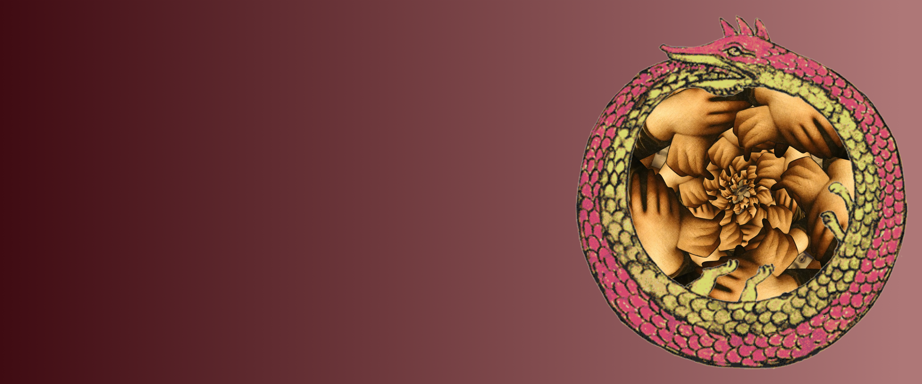 an ouroboros framing a kaliedoscope of mona lisa hands